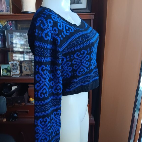 Blue & Black Cotton Emporium Cropped Sweater XS Nordic Pattern Knit Pullover - Picture 4 of 6